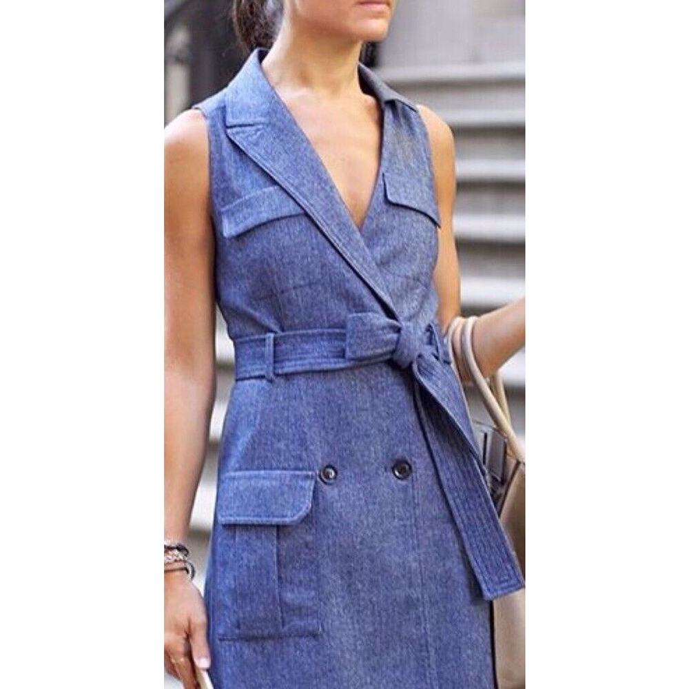 Marissa Webb Herringbone Blue Sleeveless Blazer Dress Double Breast Belted Large
